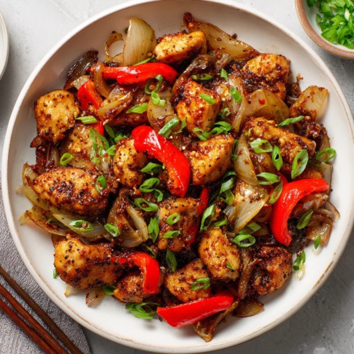 Crispy Chinese black pepper chicken stir fry with onions and bell peppers in a white bowl