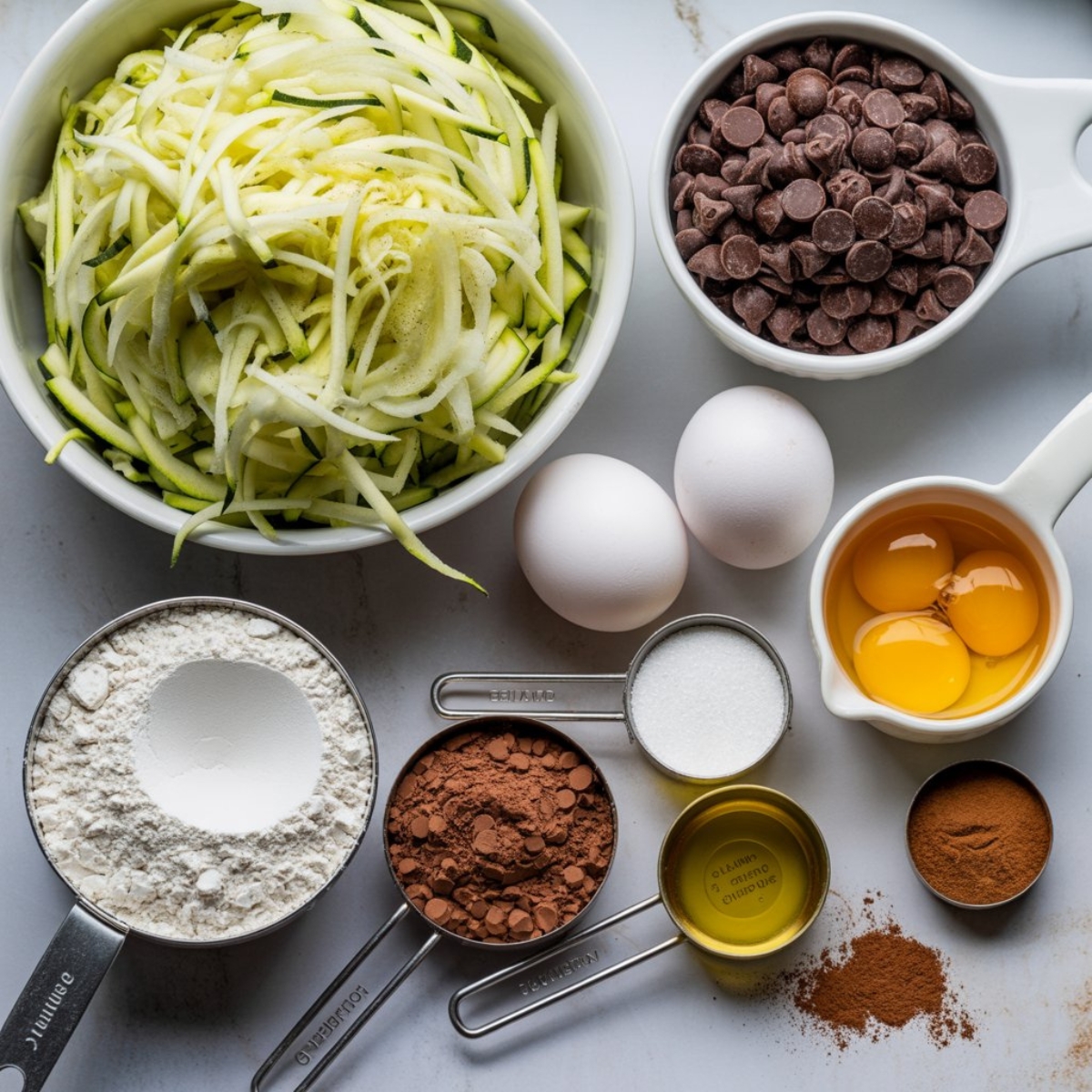 ingredients for chocolate chip zucchini cake on white counter