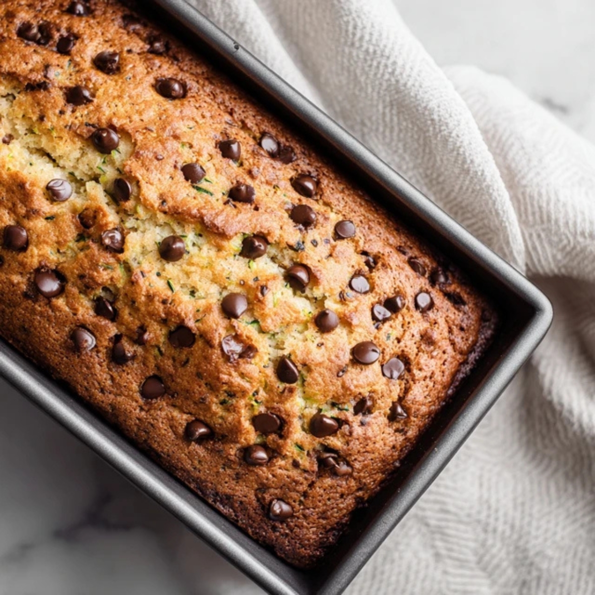 moist chocolate chip zucchini cake with melted chocolate chips on top