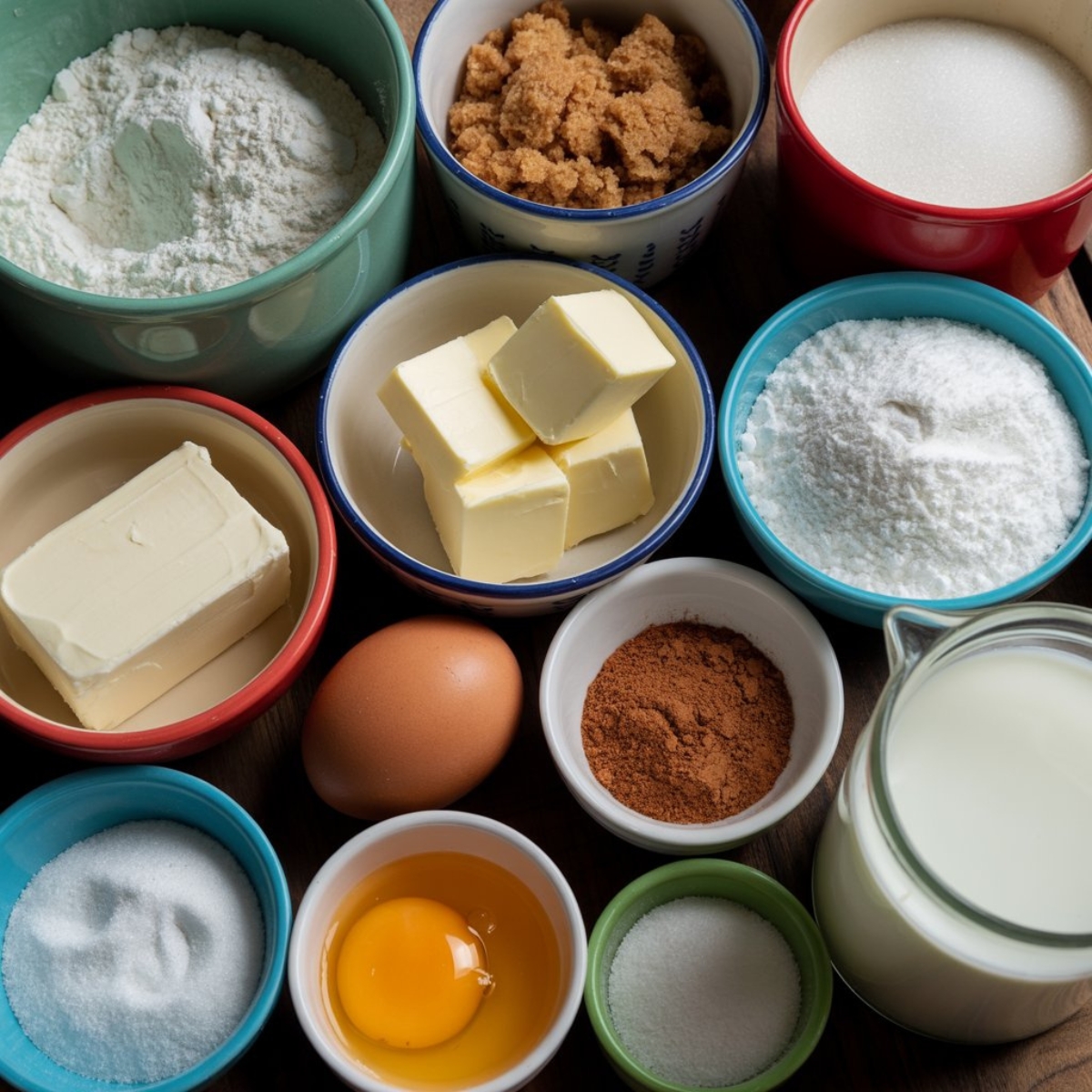 Ingredients for homemade cinnamon roll cookies on white kitchen counter