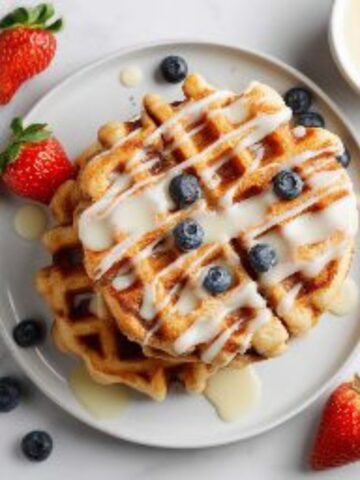 Fluffy cinnamon roll waffles with cream cheese glaze and berries on white plate