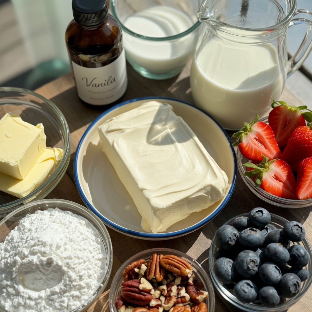 Flat lay of ingredients for cinnamon roll waffles with glaze and toppings