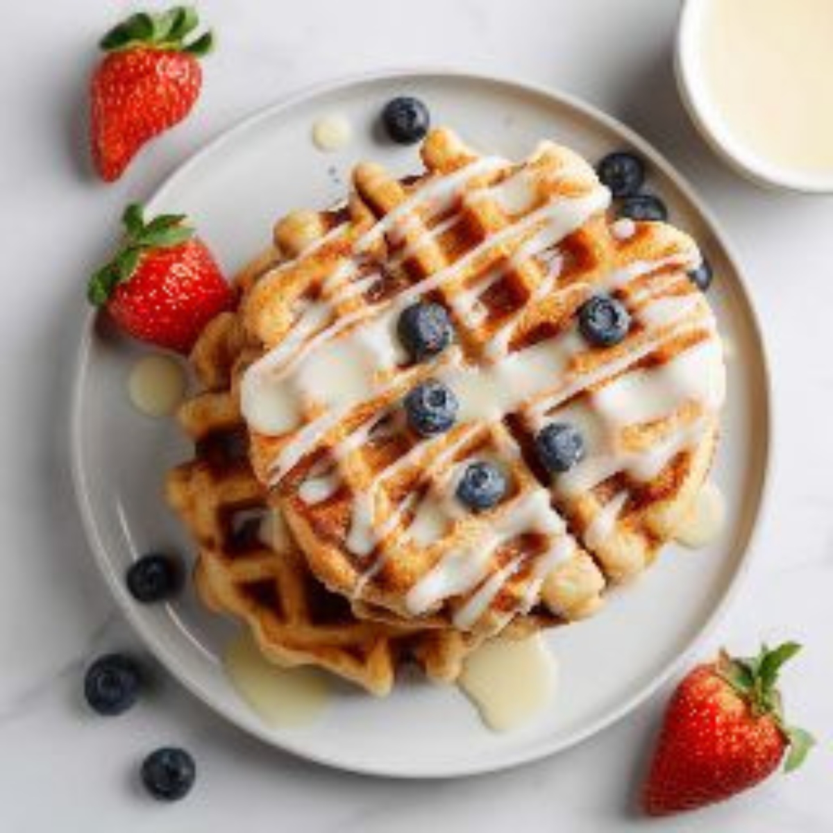 Fluffy cinnamon roll waffles with cream cheese glaze and berries on white plate