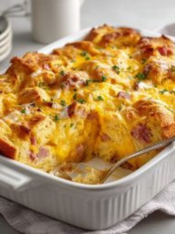 golden croissant breakfast casserole with ham cheese and eggs