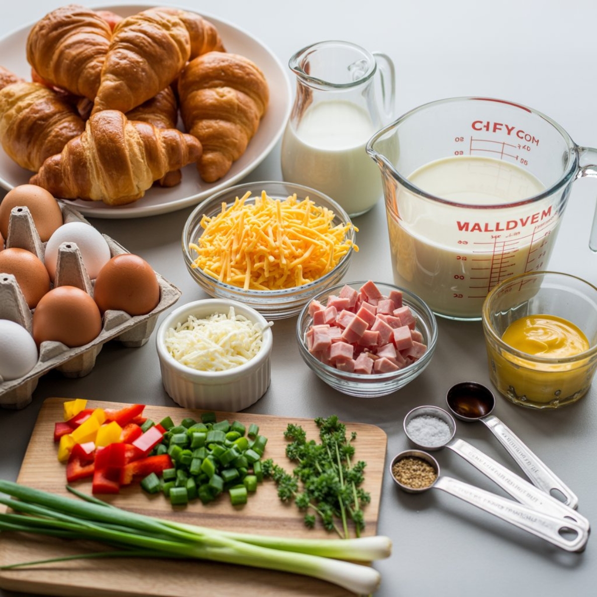 croissant breakfast casserole ingredients flat lay with eggs milk cheese and ham