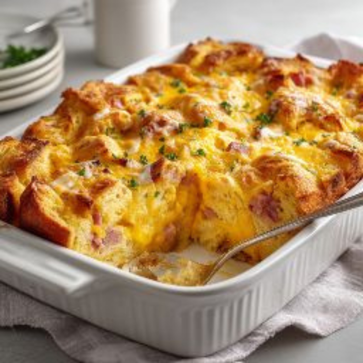 golden croissant breakfast casserole with ham cheese and eggs
