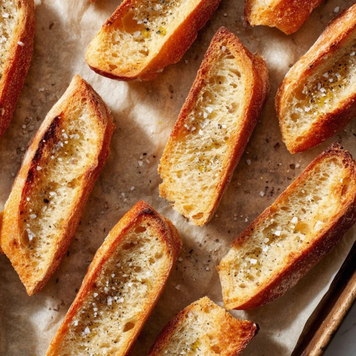 Toasted baguette slices brushed with olive oil on parchment paper

