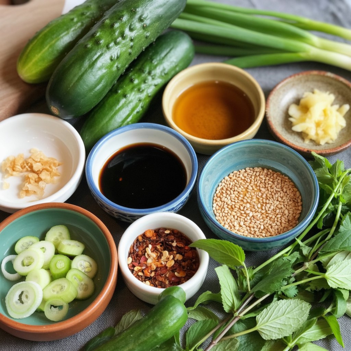 ingredients for crunchy Asian cucumber salad on counter