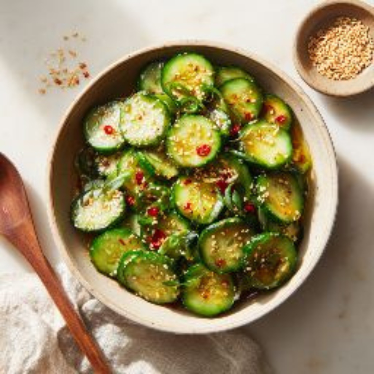 cucumber sesame salad in ceramic bowl on white counter