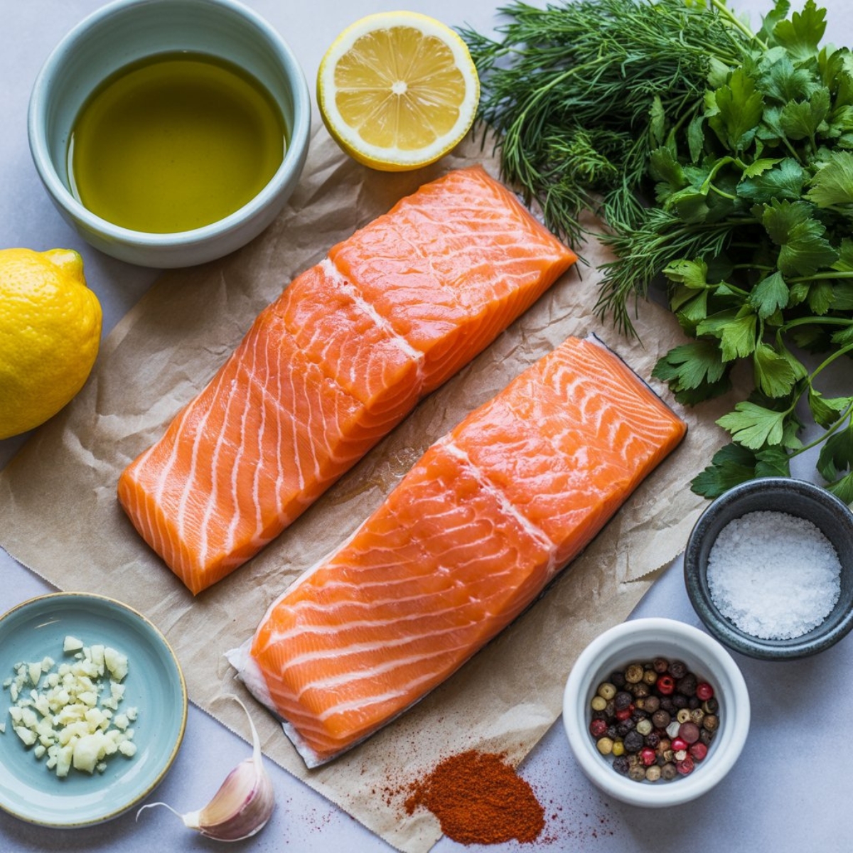 Easy baked salmon ingredients flat lay with salmon, lemon, garlic, and seasonings