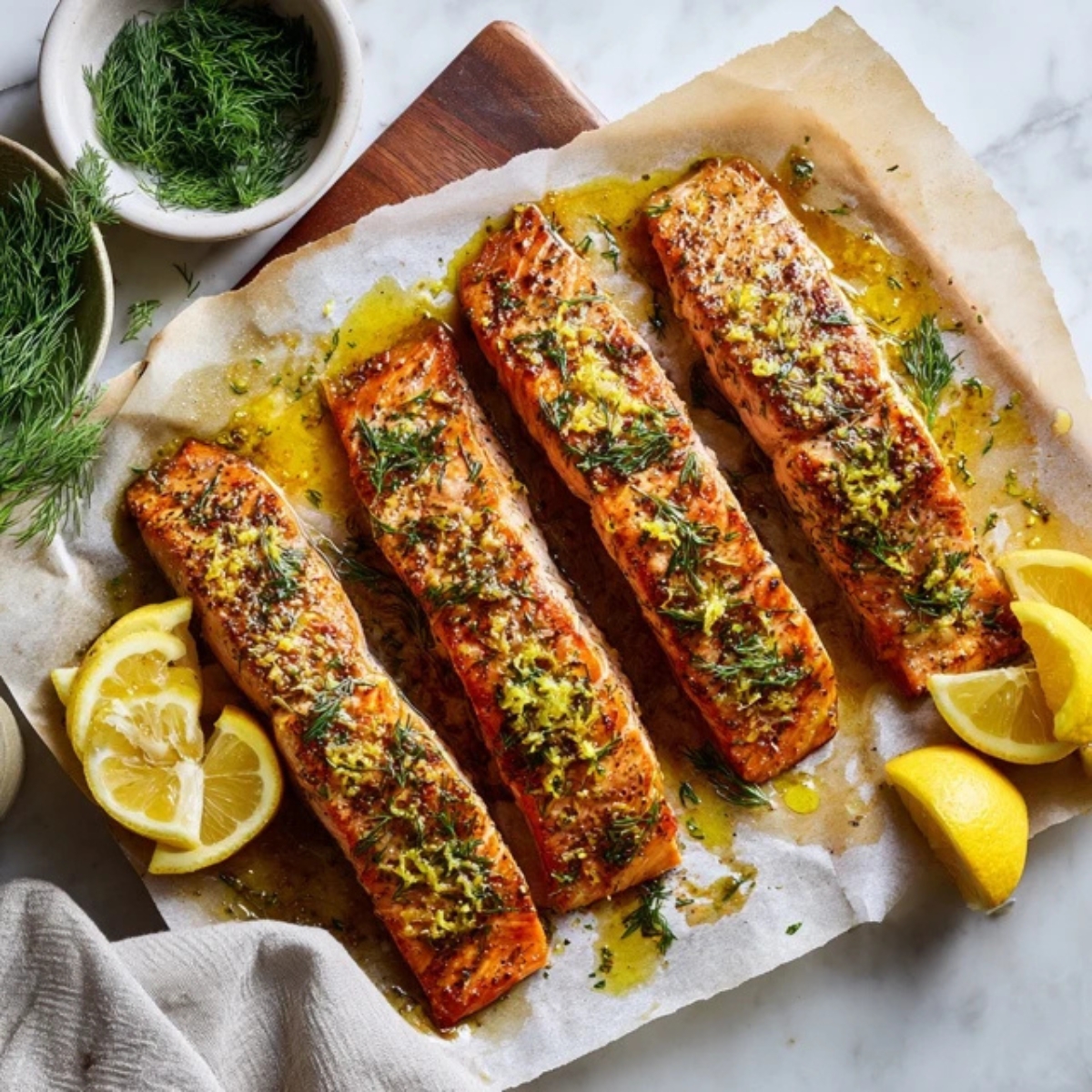 Easy baked salmon fillets with lemon and herbs on a baking sheet