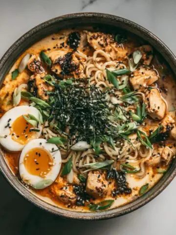 closeup bowl of Fiery Chicken Ramen with Creamy Garlic Sauce