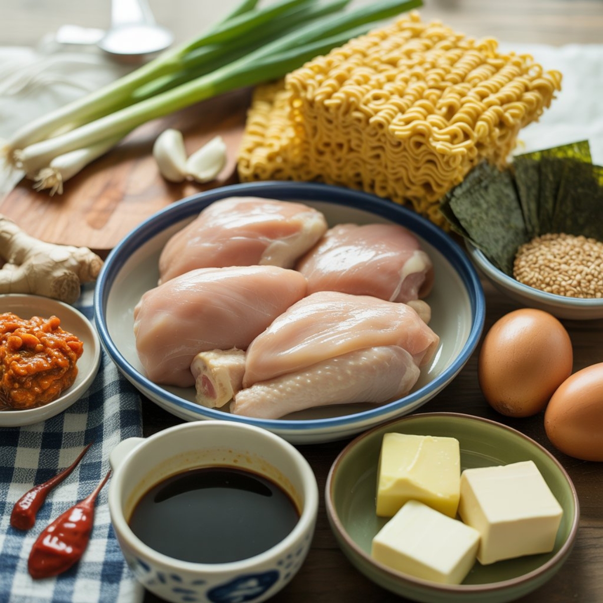 closeup top view of ingredients for fiery chicken ramen with creamy garlic sauce