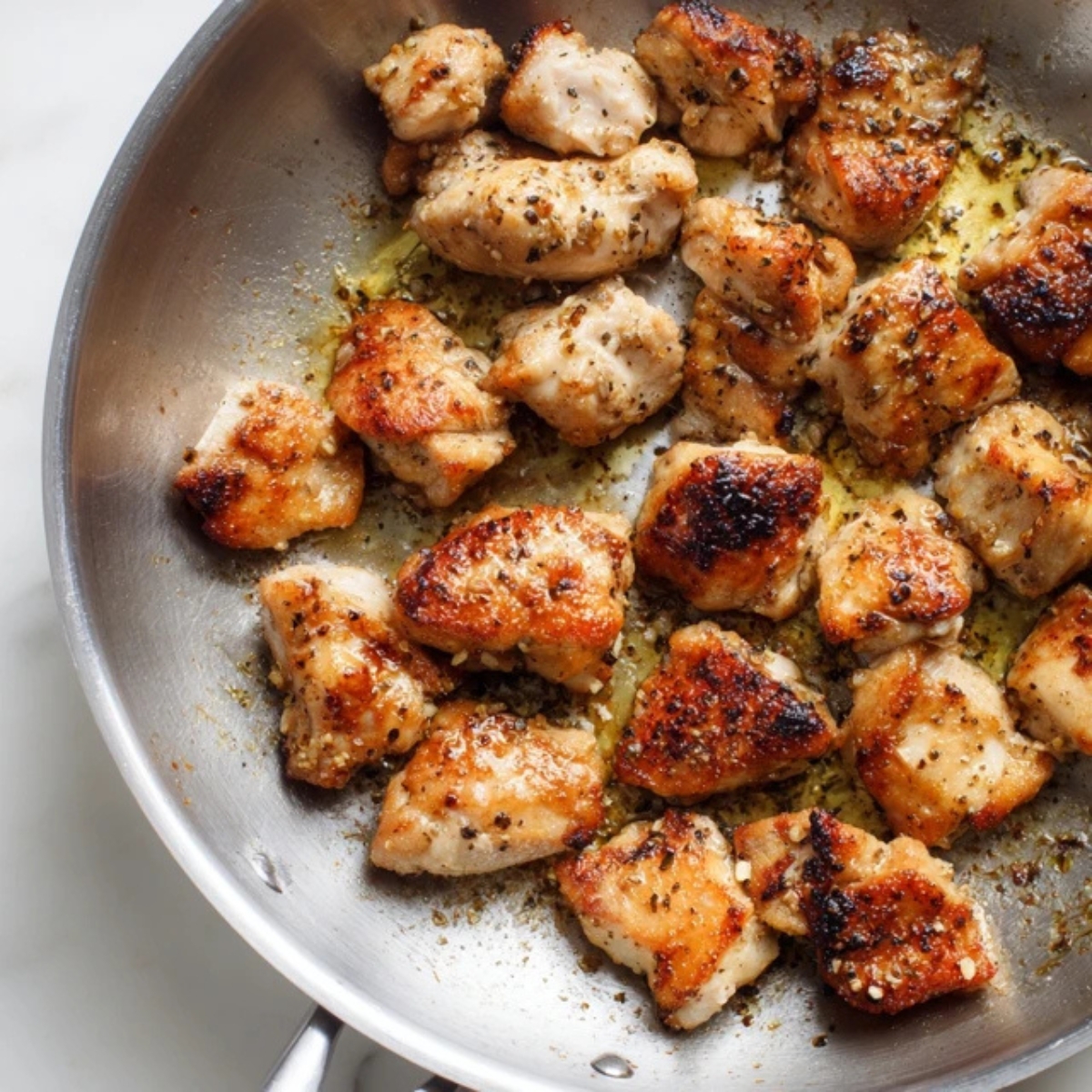  closeup golden brown chicken pieces in pan for ramen