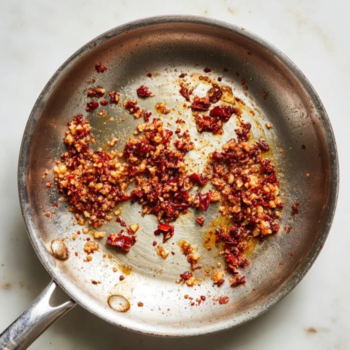 closeup sautéed garlic ginger and chili paste in skillet