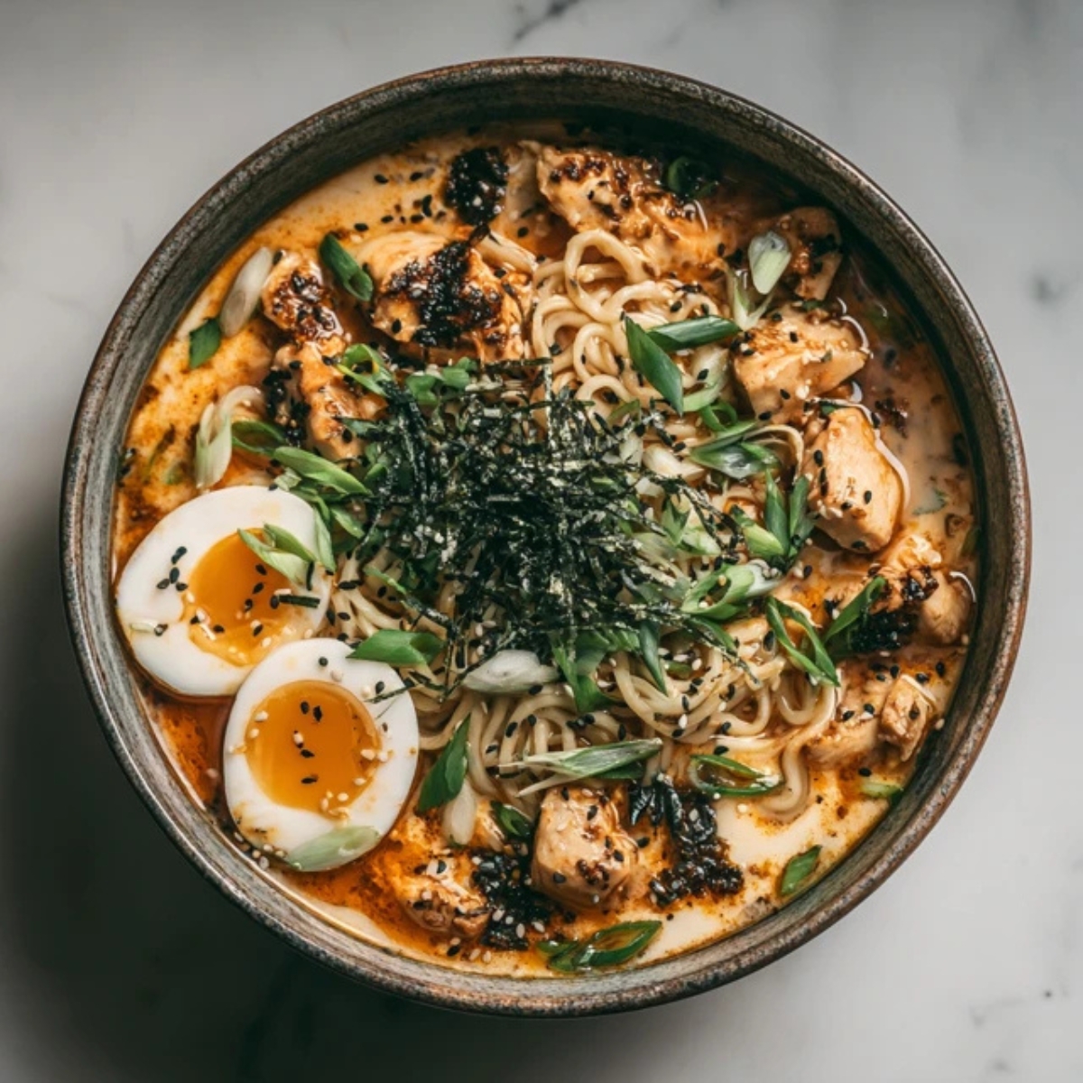 closeup bowl of Fiery Chicken Ramen with Creamy Garlic Sauce