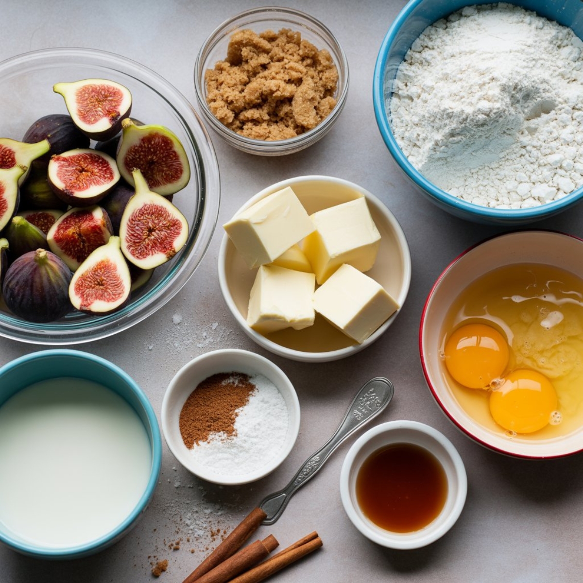 closeup fig cake ingredients on white counter