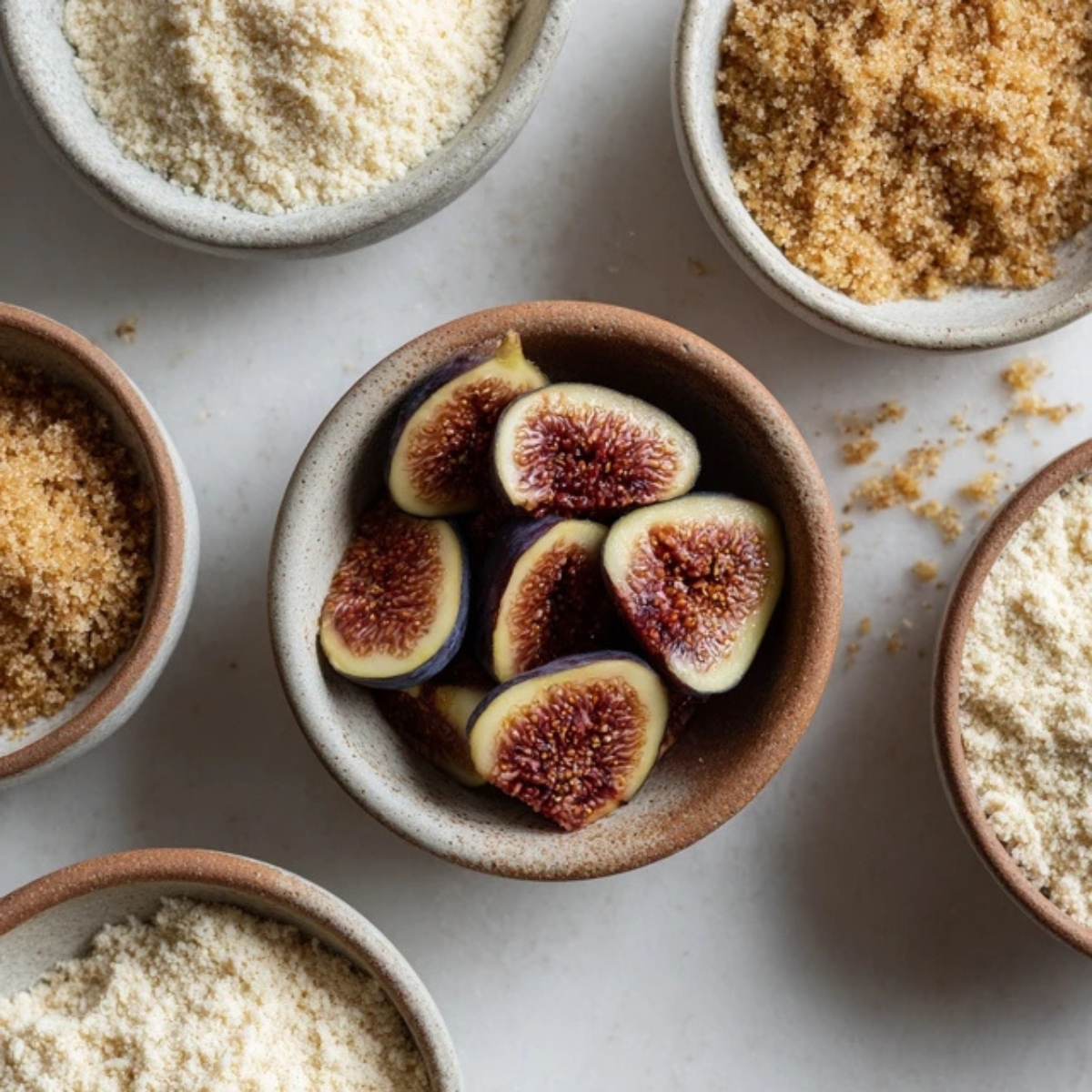 closeup ingredients and cake pan for fig cake