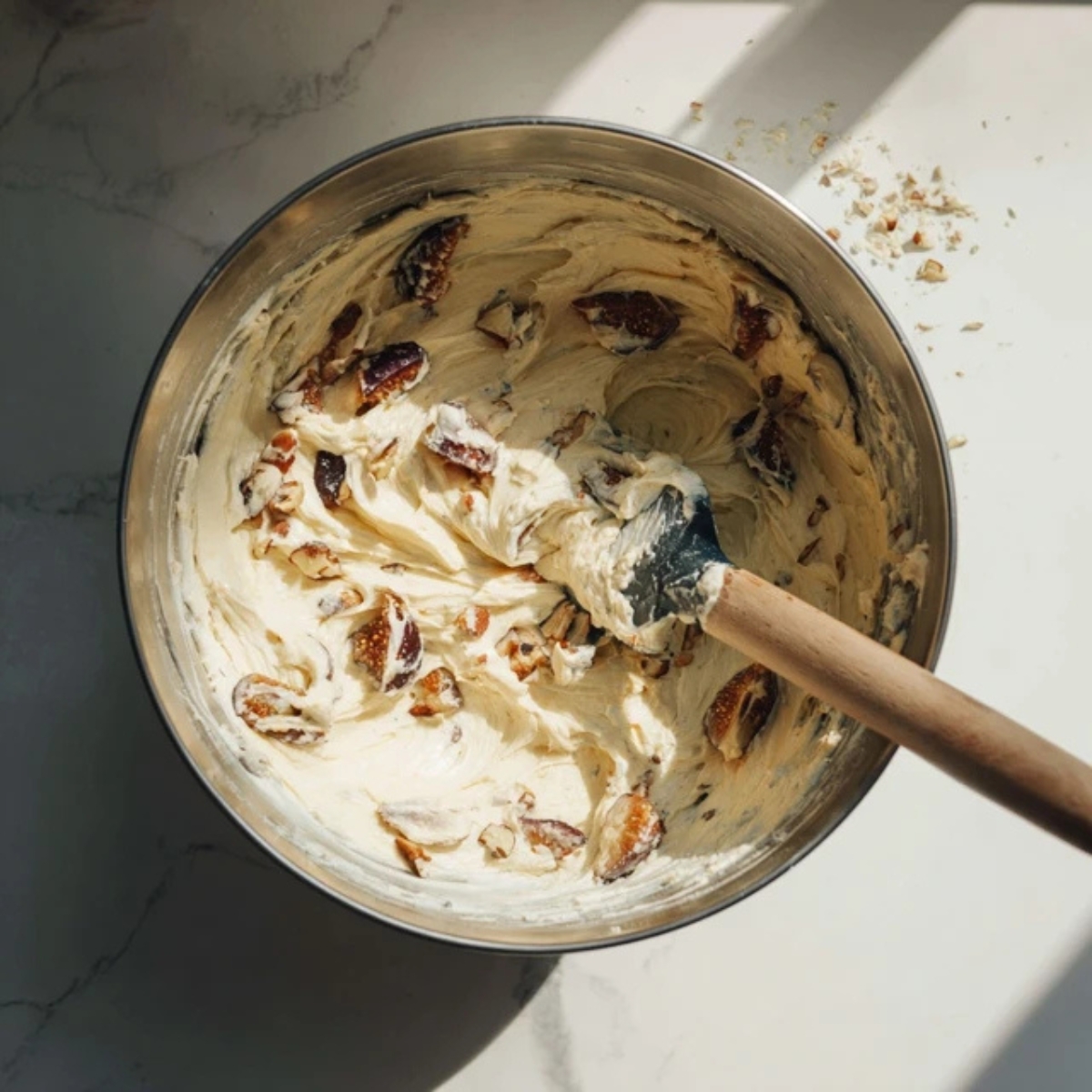 closeup fig cake batter with chopped figs and nuts