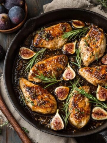 Sweet and savory fig chicken with balsamic glaze in skillet