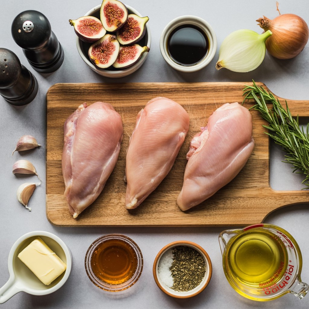 Ingredients for fig chicken with balsamic glaze on white counter