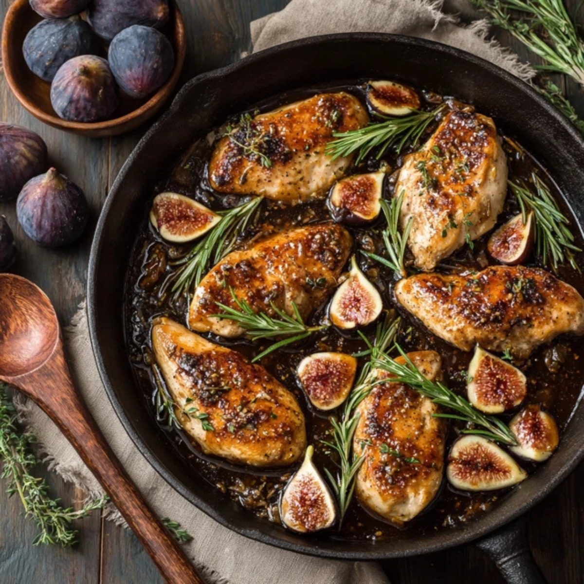 Sweet and savory fig chicken with balsamic glaze in skillet