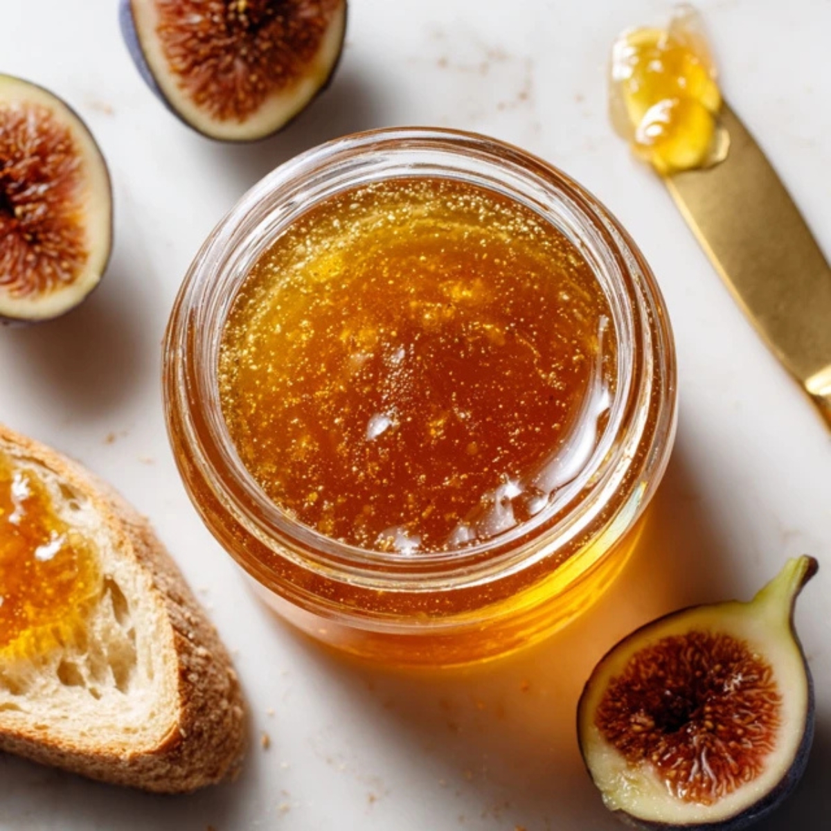 Homemade fig jelly in a glass jar with fresh figs and bread