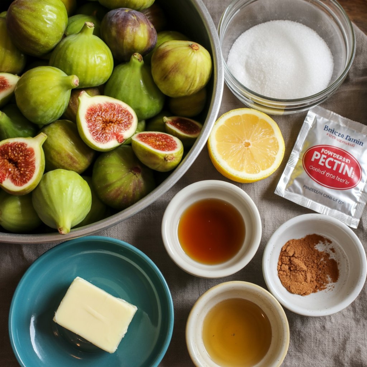 Ingredients for fig jelly including fresh figs, sugar, lemon, and pectin