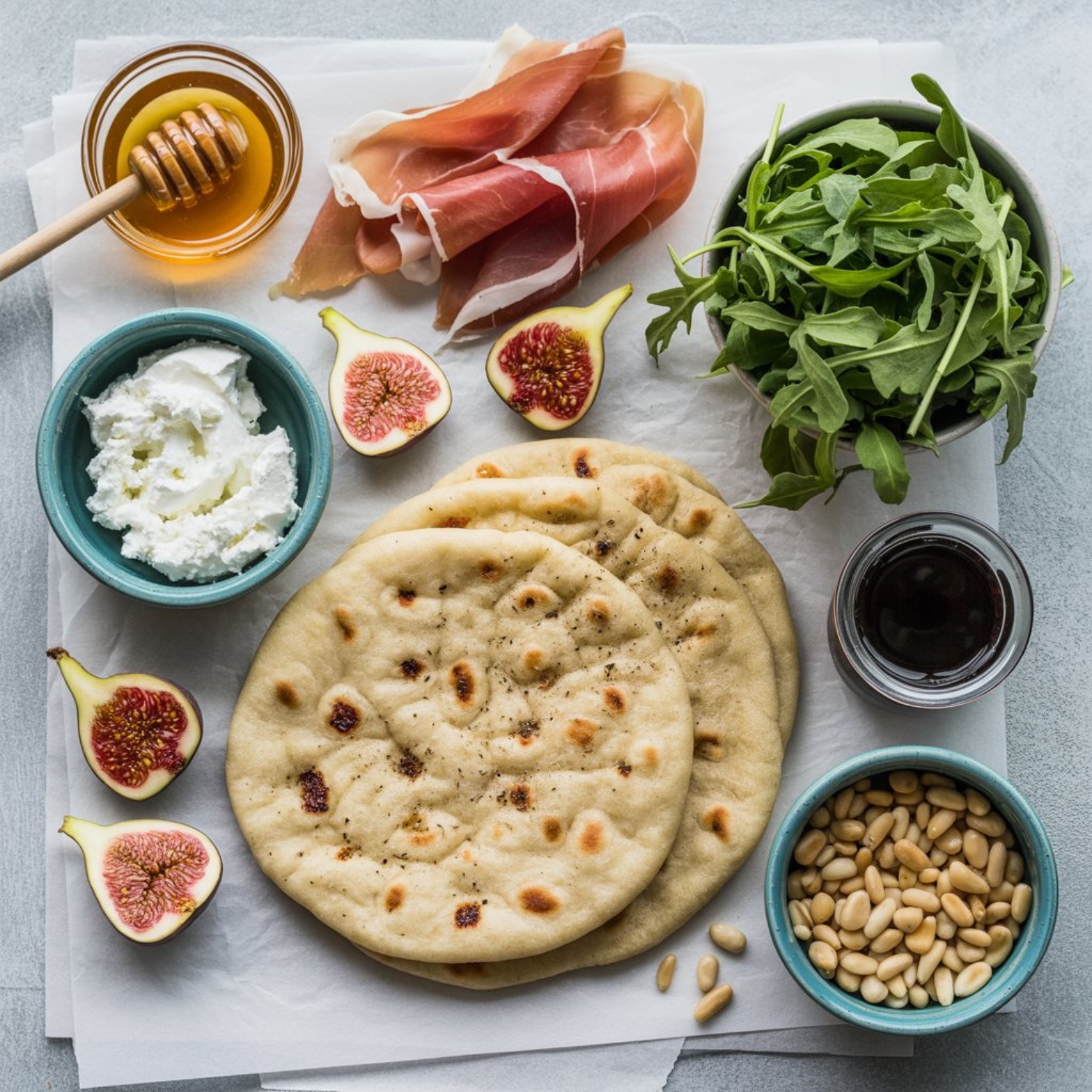 fig prosciutto flatbread ingredients top view