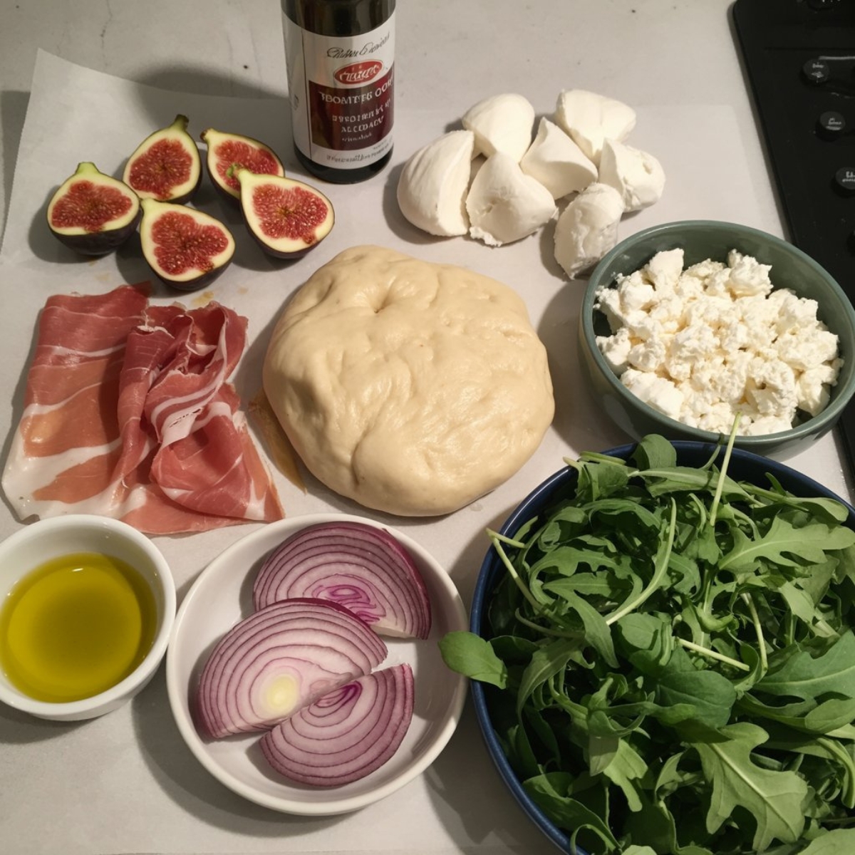 fig prosciutto pizza ingredients on counter
