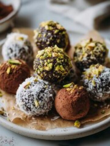 homemade fig truffles with cocoa coconut and pistachio coating on white counter