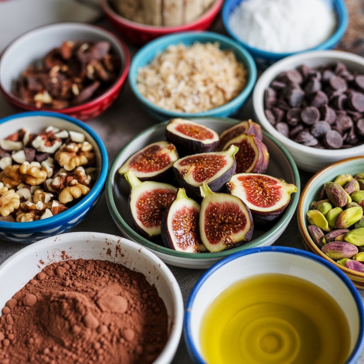 fig truffle ingredients with figs chocolate nuts and cocoa on white counter