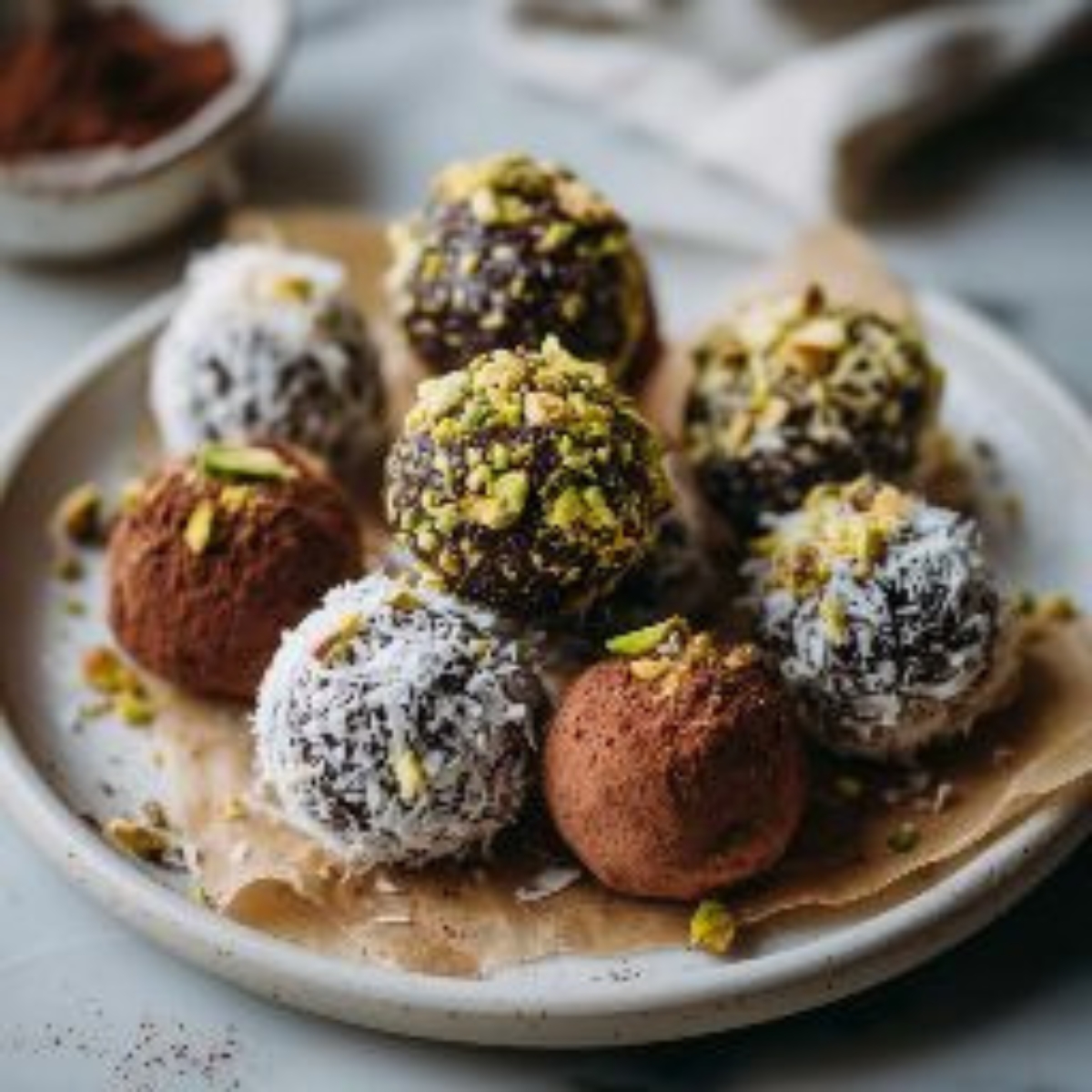 homemade fig truffles with cocoa coconut and pistachio coating on white counter
