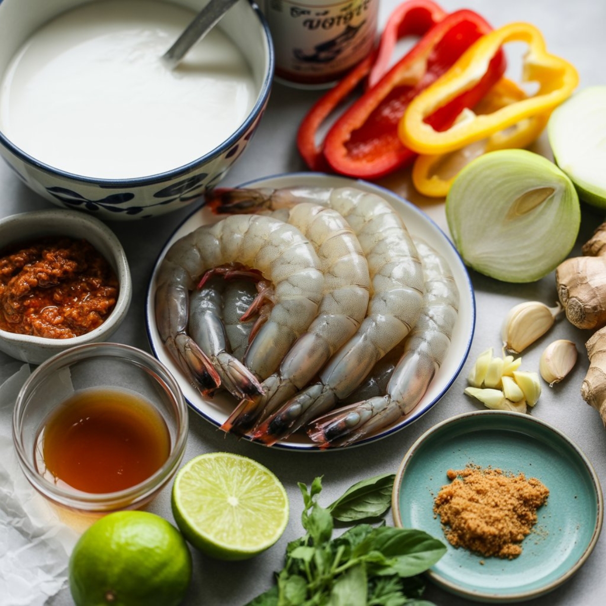 fresh ingredients for Thai coconut curry shrimp laid out on white counter