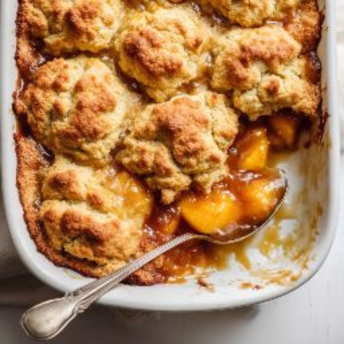 Freshly baked gluten free peach cobbler in white dish
