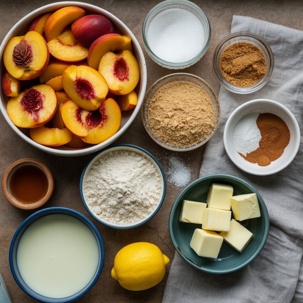 Ingredients for gluten free peach cobbler on white counter