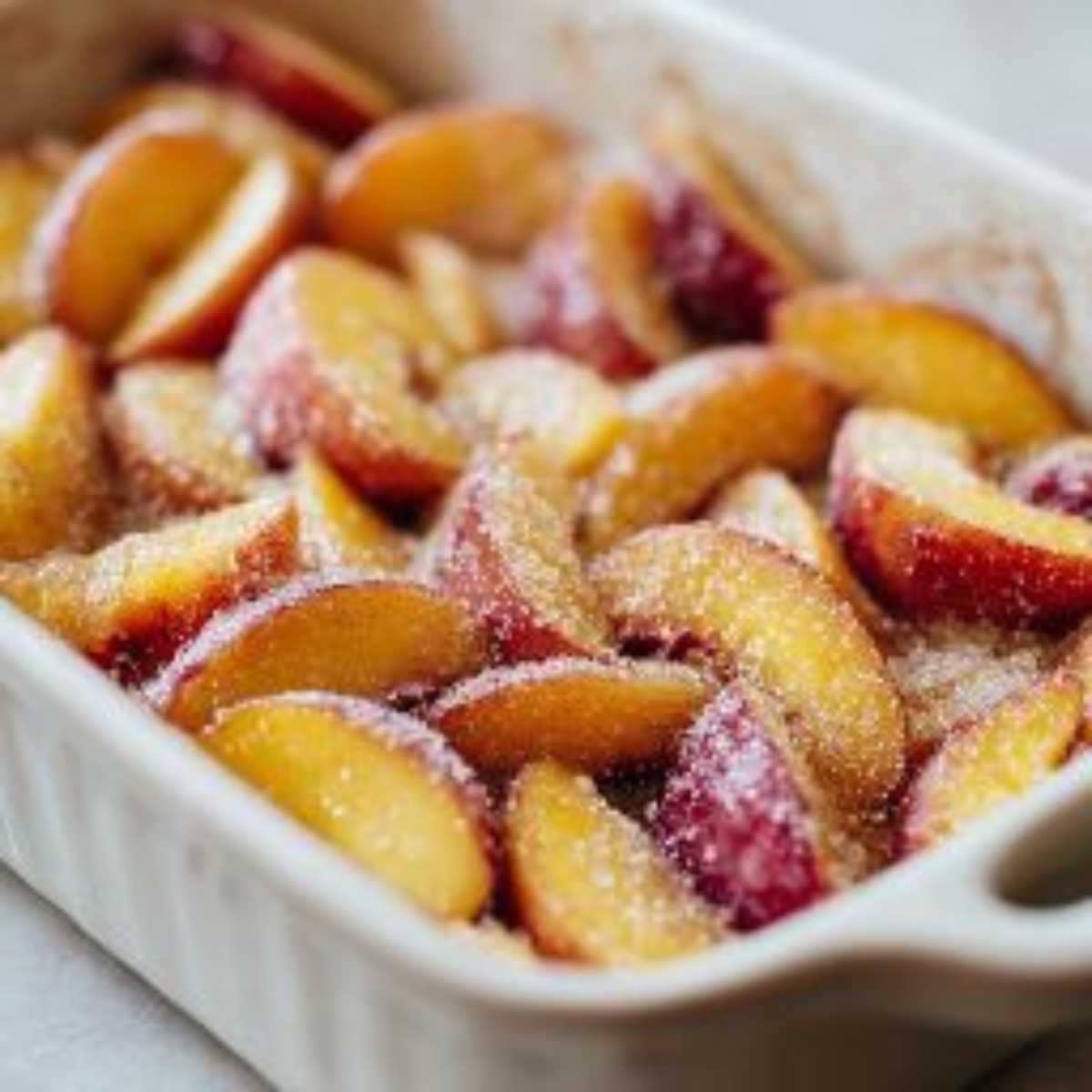 Fresh peach filling for gluten free peach cobbler on white counter