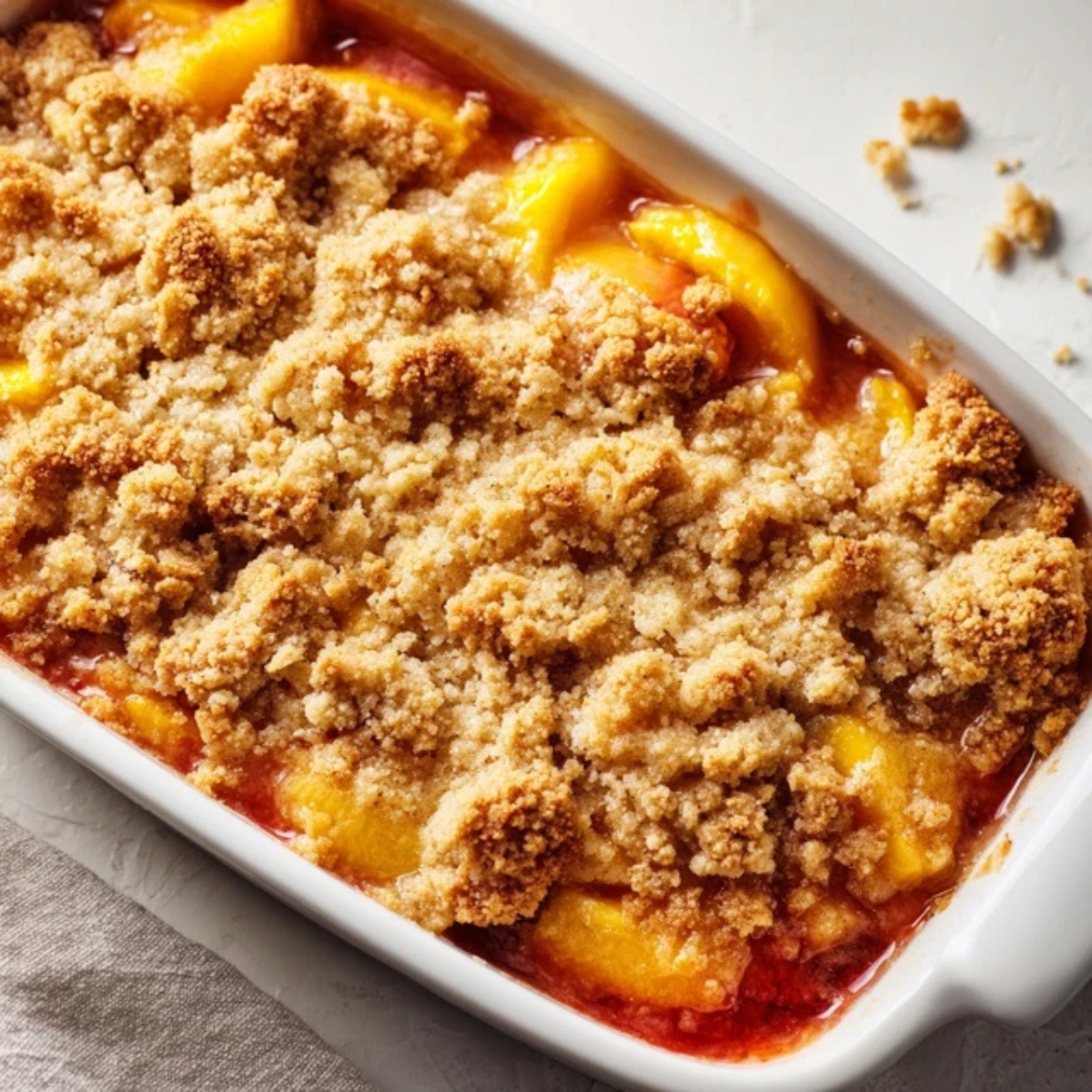 Assembled gluten free peach cobbler before baking