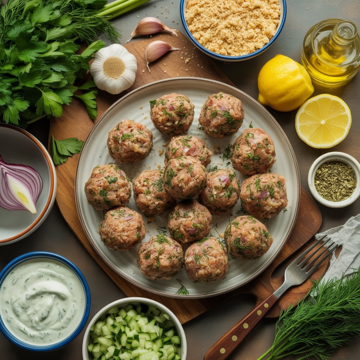 Raw ingredients for homemade Greek turkey meatballs and tzatziki sauce on a white kitchen counter.
