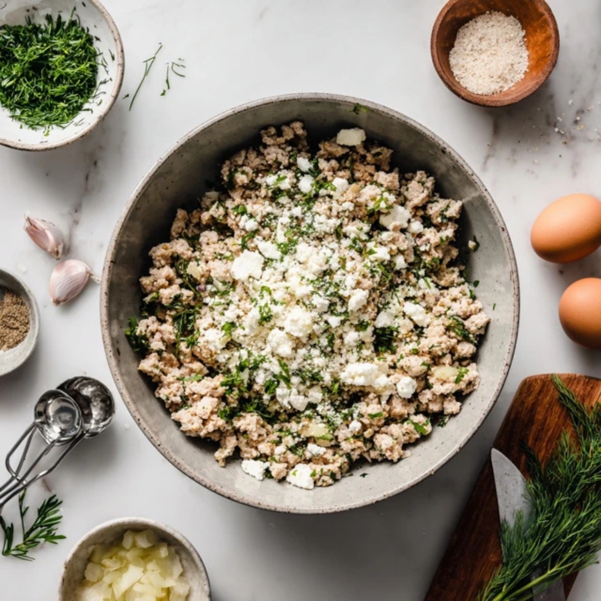 Raw Greek turkey meatball ingredients in a mixing bowl on a white kitchen counter.
