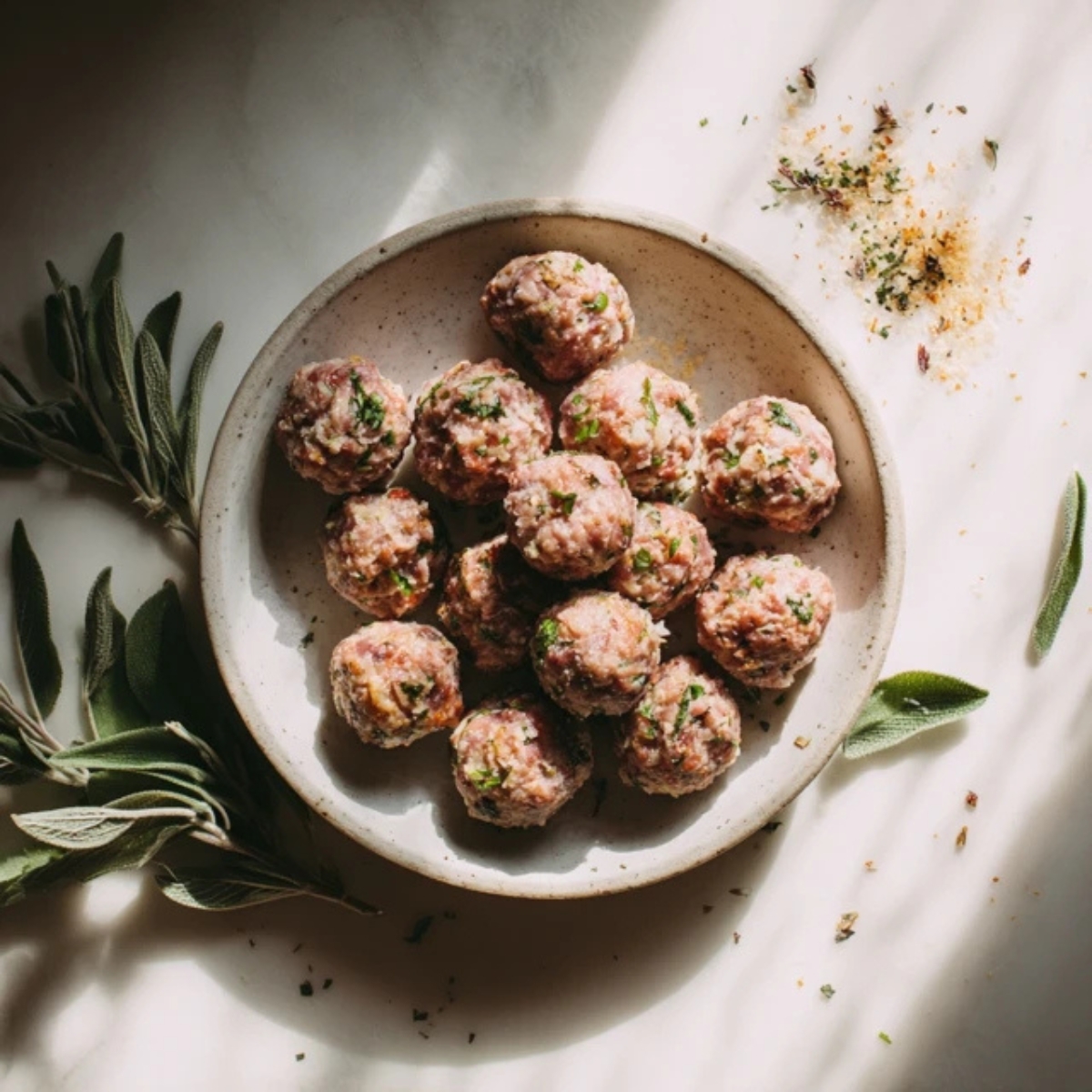 Uncooked Greek turkey meatballs shaped and placed on a plate.