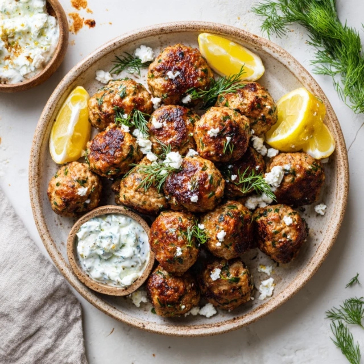 Plate of homemade Greek turkey meatballs with tzatziki sauce and lemon wedges on a white kitchen counter.