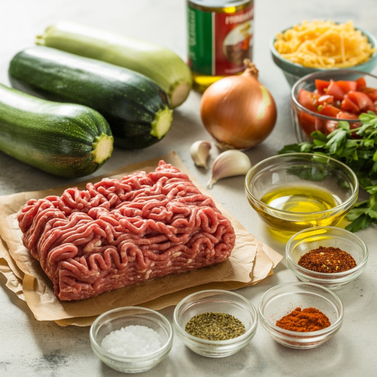 ingredients for ground beef zucchini skillet arranged on white counter
