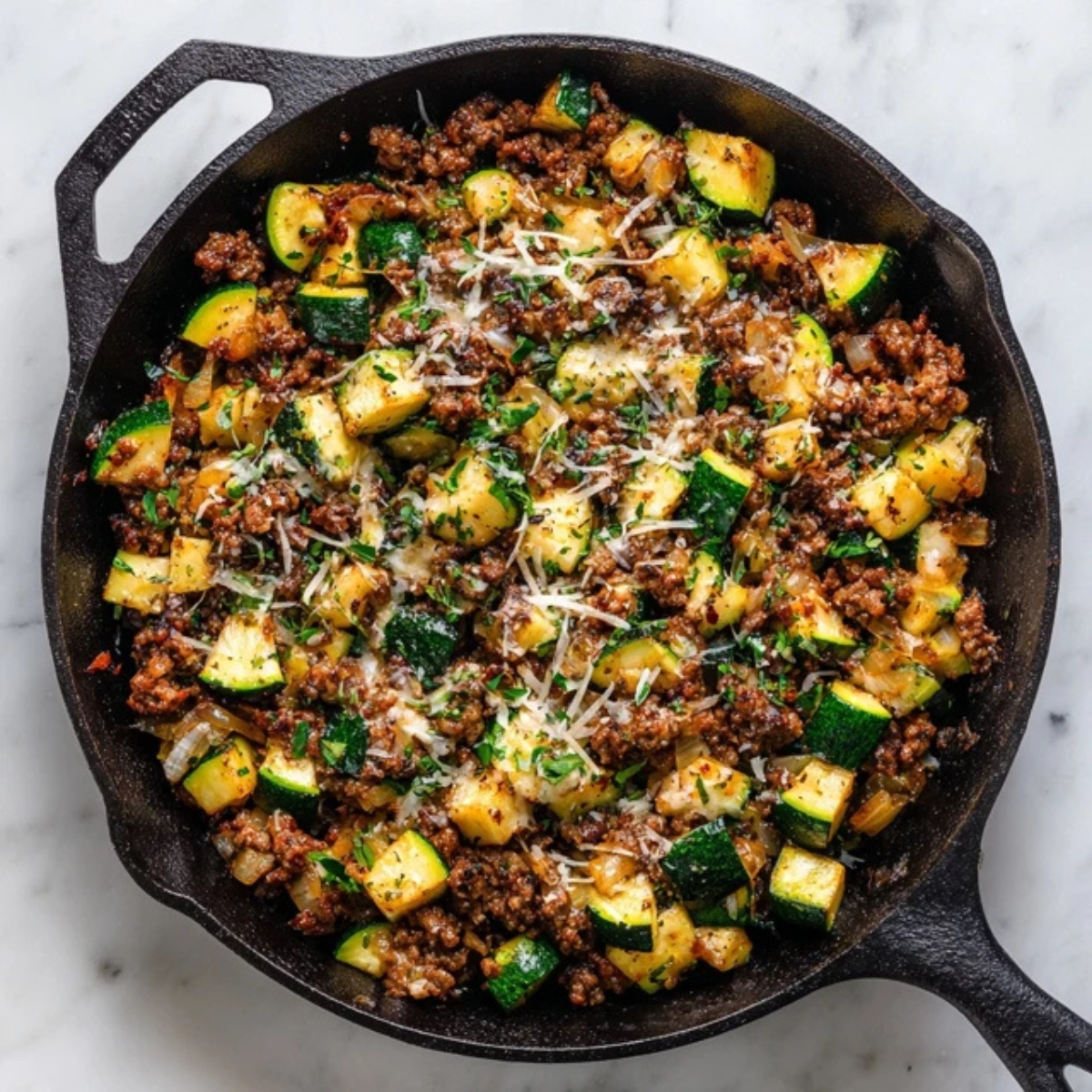 ground beef zucchini skillet in cast iron pan on white counter