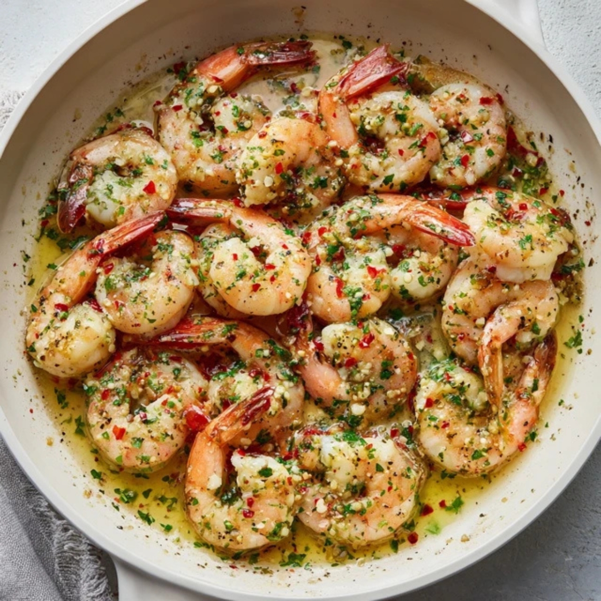 Garlic butter shrimp with herbs in a skillet on white counter

