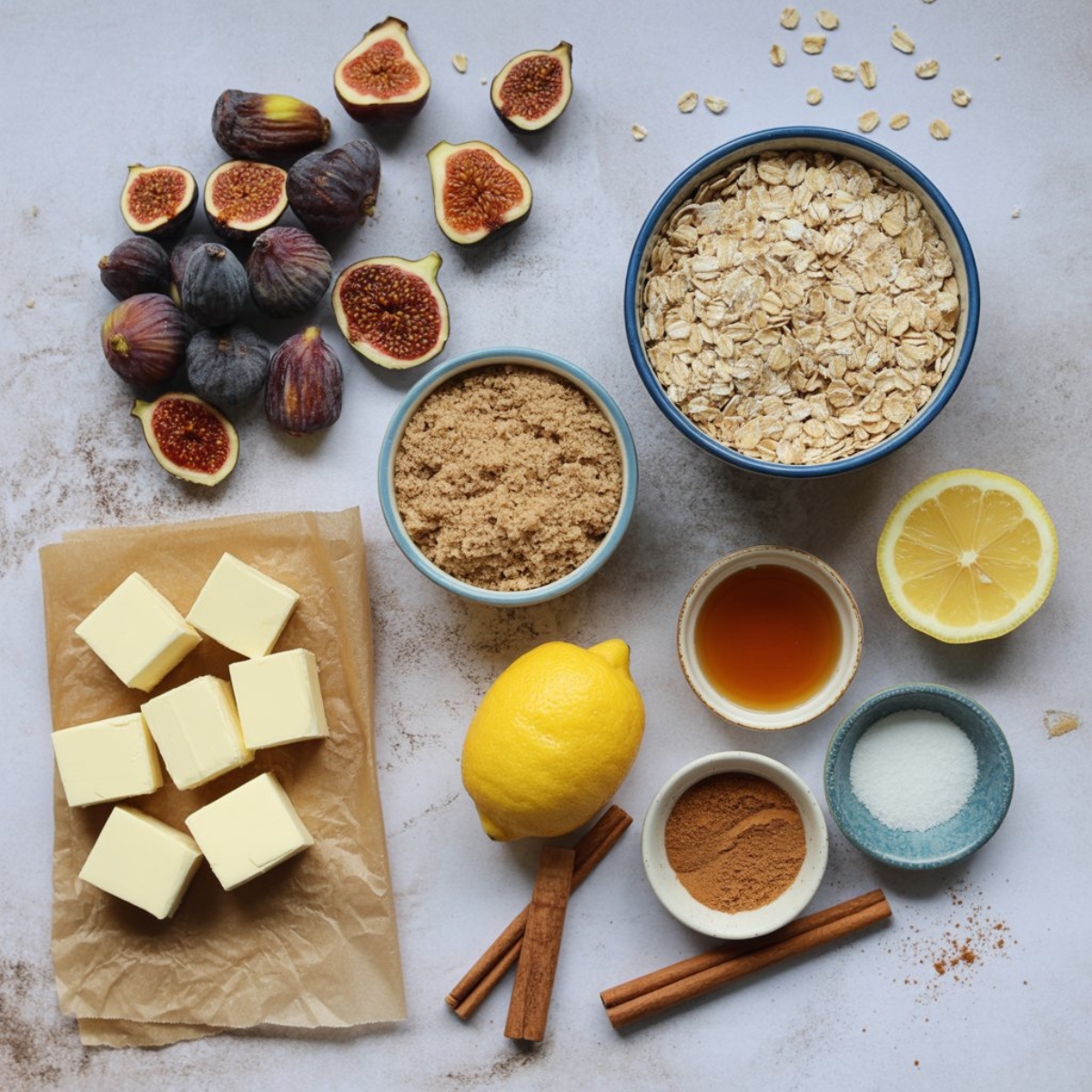 Flat lay of ingredients for homemade fig bars recipe
