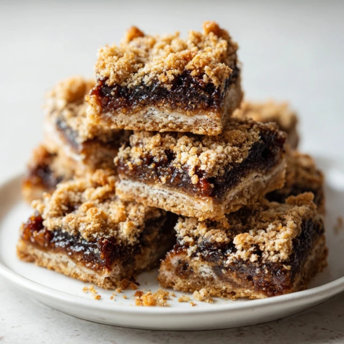 Homemade fig bars stacked on plate with oat crumbs