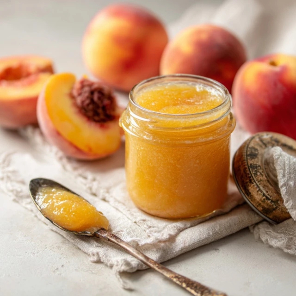 Jar of golden homemade peach butter on white kitchen counter


