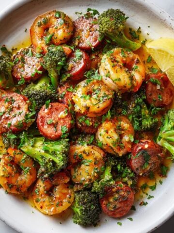 plate of honey garlic shrimp sausage and broccoli with lemon wedge