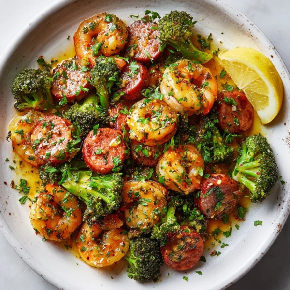 plate of honey garlic shrimp sausage and broccoli with lemon wedge
